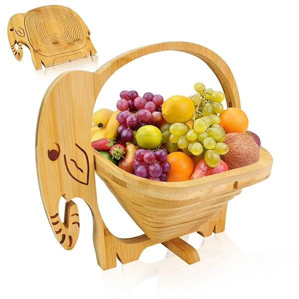 MYOSOTIS Foldable Bamboo Fruit Basket Collapsible Veggie Holder for Christmas Holiday Party Elephant Design