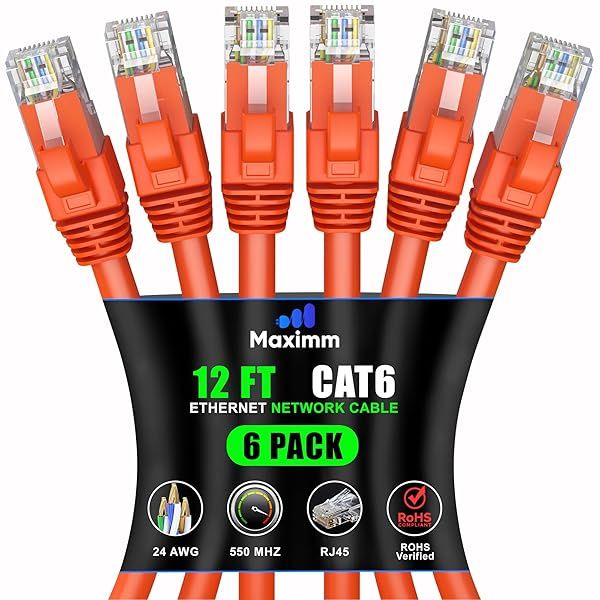 Maximm Cat 6 Ethernet Cable 12ft (6-Pack) - High-Speed 10Gbps LAN & Network Cable - UTP, 550MHz, Orange