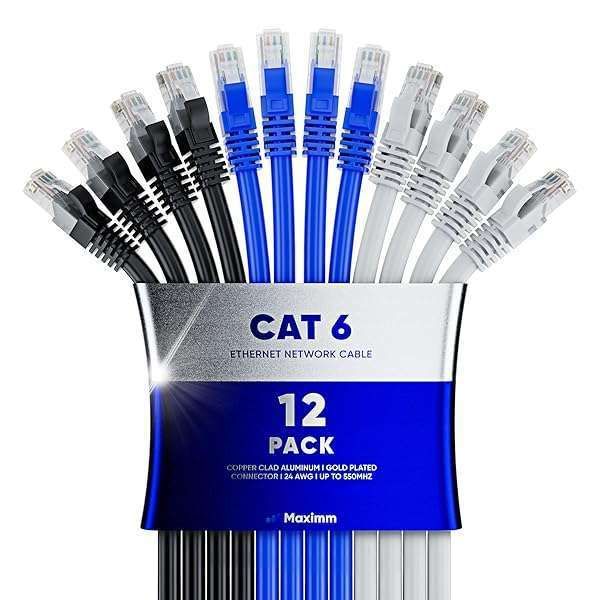 Maximm Cat 6 Ethernet Cable 2ft (12-Pack) - High-Speed 10Gbps LAN & Network Cables - UTP, 550MHz, Tricolor