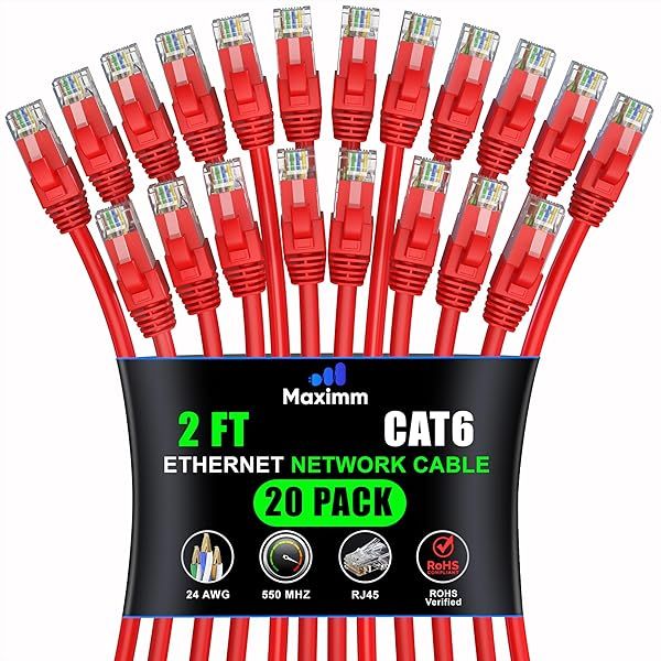 Maximm Cat 6 Ethernet Cable 2ft (20-Pack) - High-Speed 10Gbps LAN & Network Cables - Red UTP Patch Cord