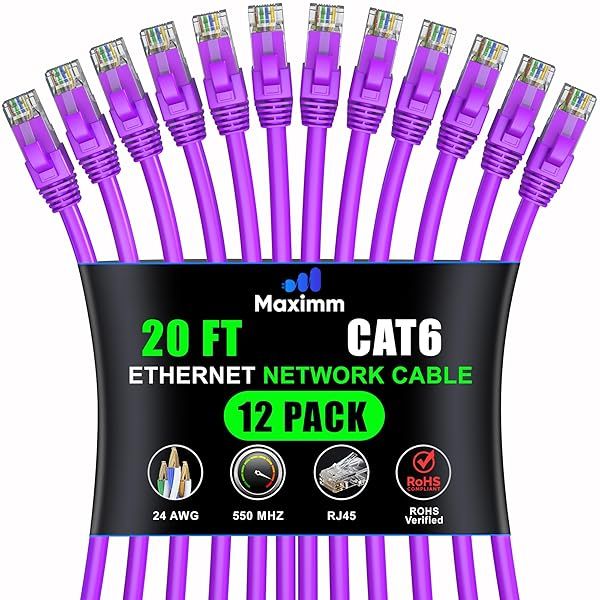 Maximm Cat 6 Ethernet Cable 20ft (12-Pack) - High-Speed 10Gbps LAN Network Cable - Purple UTP for Fast Internet & Patch Connections