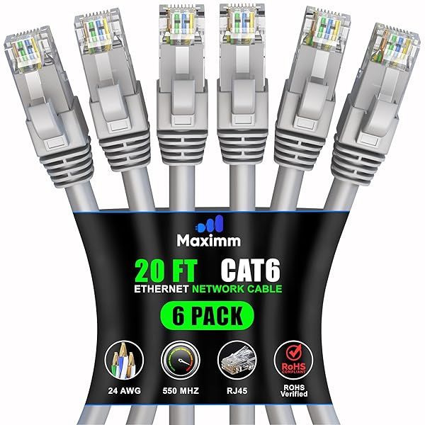 Maximm Cat 6 Ethernet Cable 20 ft (6-Pack) - High-Speed 10Gbps LAN & Network Cables - UTP, 550MHz, Gray