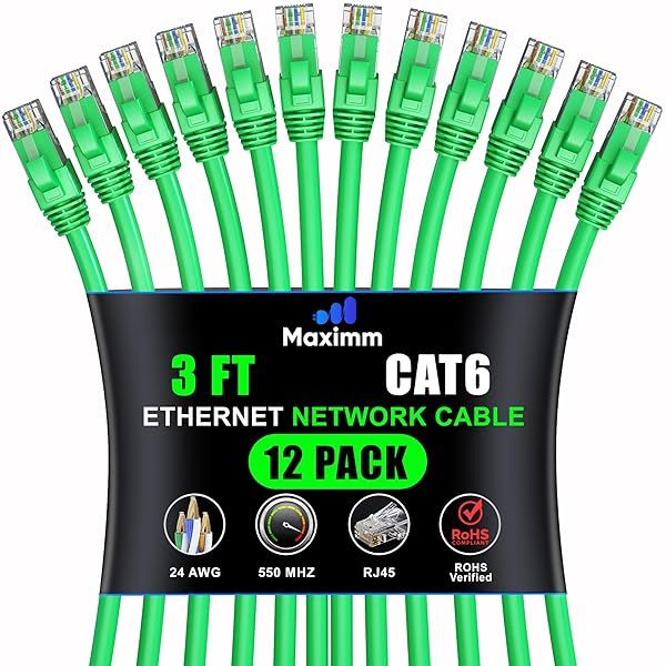 Maximm Cat 6 Ethernet Cable 3ft (12-Pack) - High-Speed 10Gbps LAN Network Cable - Green UTP 550MHz