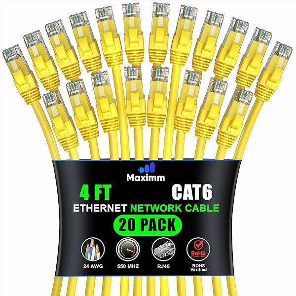 Maximm Cat 6 Ethernet Cable 4ft (20-Pack) - High-Speed 10Gbps LAN & Network Cables - Yellow UTP, 550MHz Patch Cords