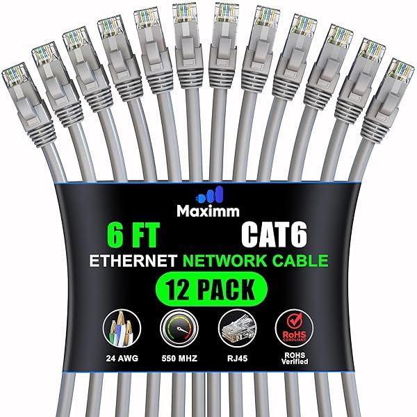 Maximm Cat 6 Ethernet Cable 6ft (12-Pack) - High-Speed 10Gbps LAN Network Cable - UTP, 550MHz - Gray