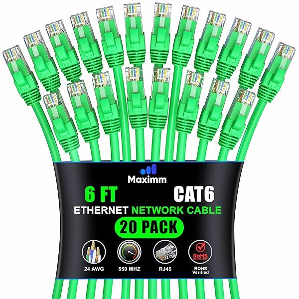 Maximm Cat 6 Ethernet Cable 6ft (20-Pack) - High-Speed 10Gbps LAN & Network Cables - UTP, 550MHz, Green
