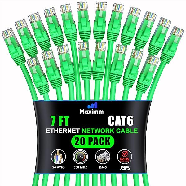 Maximm Cat 6 Ethernet Cable 7ft (20-Pack) - High-Speed 10Gbps LAN & Network Cables - UTP, 550MHz, Green