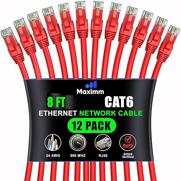 Maximm 8 Ft Cat 6 Ethernet Cable (12-Pack) - High-Speed UTP LAN & Internet Network Cable in Red
