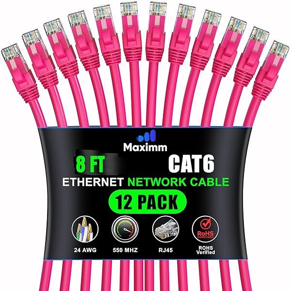 Maximm Cat 6 Ethernet Cable 8ft (12-Pack) - High-Speed 10Gbps Network Cable - Pink UTP for LAN & Internet