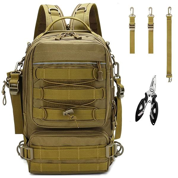Meprona Fishing Tackle Backpack: Water-Resistant Gear Bag with Rod Holder & Plier - Perfect Outdoor Storage (Tan, 14.5x9x5.5 inches)