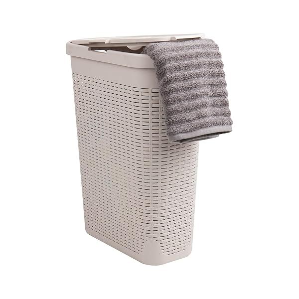 Mind Reader 40L Slim Laundry Hamper - Wicker Design, Lid, Plastic, Ivory - Perfect Clothes Basket for Small Spaces