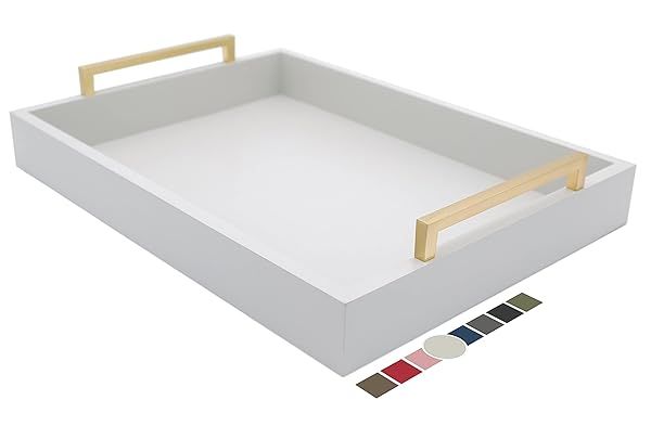 Montecito Home Decorative Coffee Table Tray for Serving Drinks and Breakfast in Matte Finish with Champagne Gold Handles and Harbor Gray Design