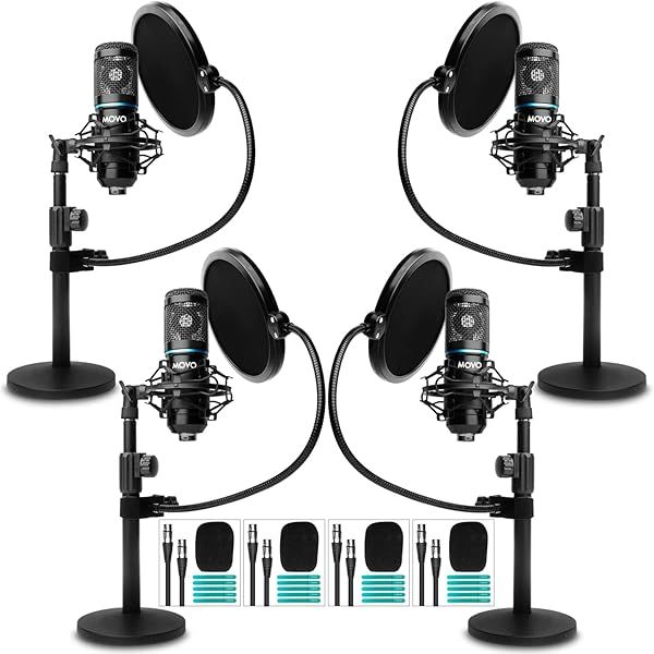 Movo PodPak4T 4-Pack Universal XLR Podcast Microphone Bundle- Includes 4 Cardioid Condenser Mics, Desktop Mic Stands, Pop Filters, Shock Mounts, and Cables for Podcast Equipment