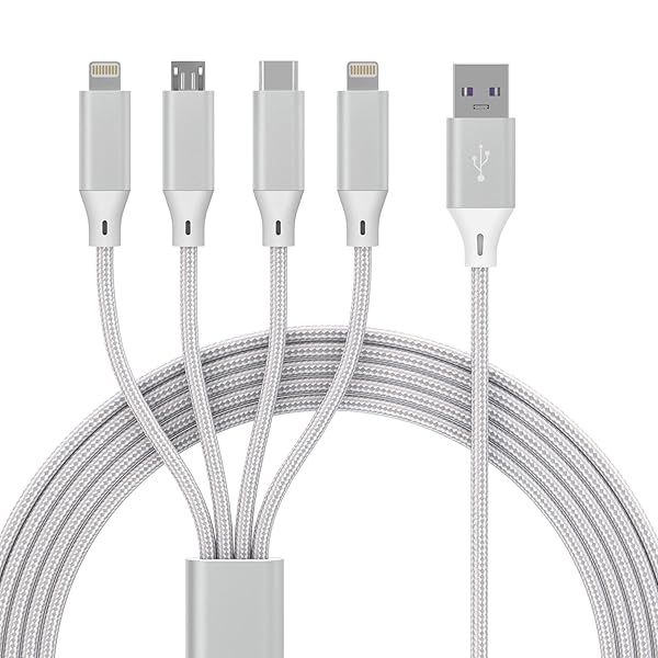 4-in-1 Multi Charging Cable: 2M Nylon Braided USB Fast Charger for iPhone, Android, Huawei & Tablets - Lightning, Type C, Micro USB