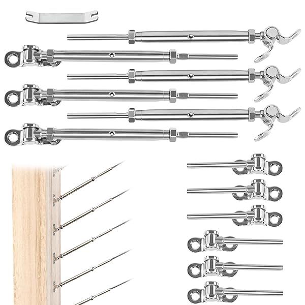 Muzata 6 Pairs Cable Railing Kit - T316 Stainless Steel Turnbuckle for Wood Posts & Adjustable Stairs