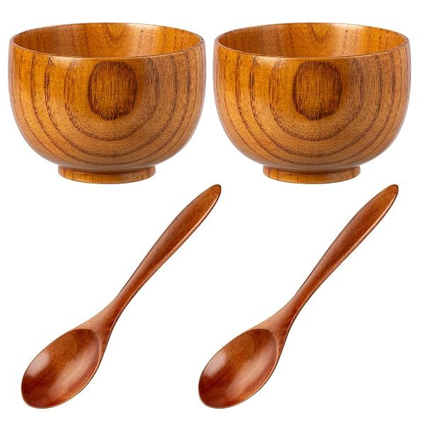 NUOMI Wooden Bowls Set 2 Pieces Small Bowls with Spoons for Dessert Snacks Soup Tableware Ideal for Home Dining