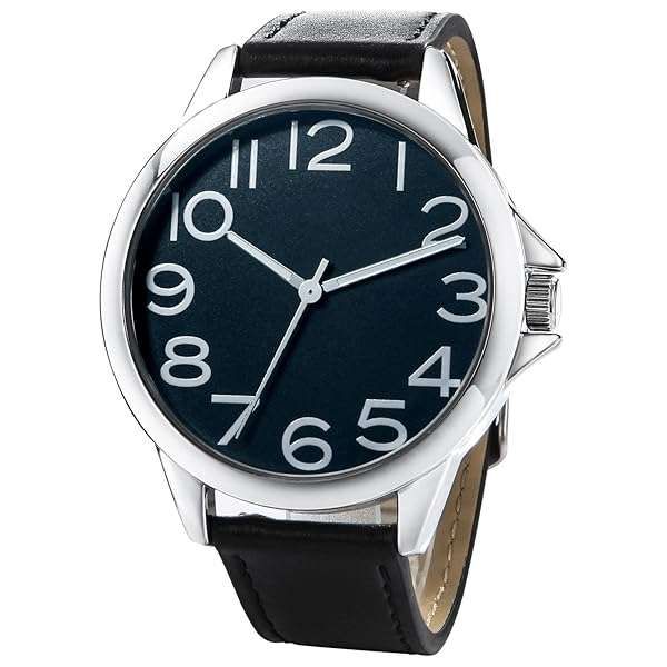 NUOVO Men's 45mm Classic Quartz Watch with Black Leather Strap - Easy to Read Large Dial & White Arabic Numerals