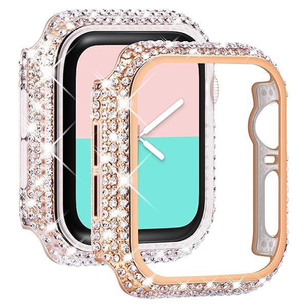 NewWays 2-Pack Full Diamonds Bling Cases for Apple Watch Case 38mm Women, Fully Paved Diamonds Protective Bumper for iWatch Series 3 2 1 38mm, Rose Gold/Clear