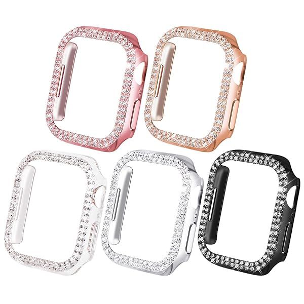 NewWays 5-Pack Bling Cases for Apple Watch 44mm - Sparkling Rhinestone Bumpers in Black, Pink, Rose Gold, Silver & Clear