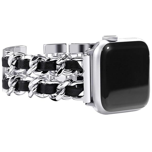 NewWays Silver Link & Black Leather Apple Watch Band for Series 8, 7, SE, 6, 5, 4, 3 - Stylish Jewelry Bracelet for Women