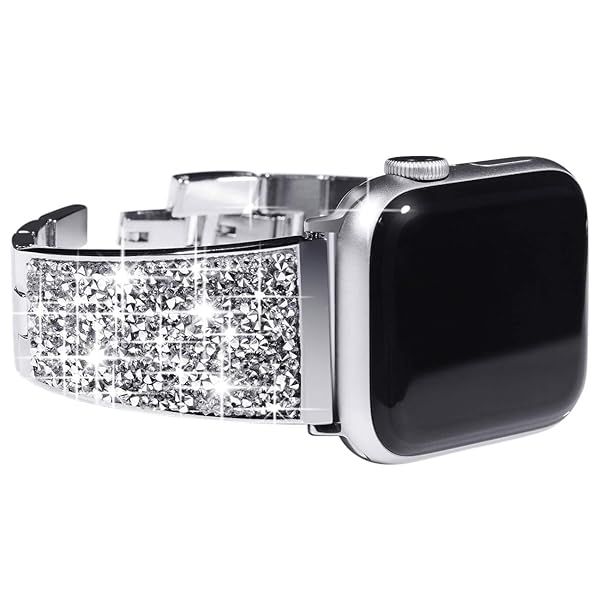 NewWays Sparkling Bling Crystal Apple Watch Band for Series 8, 7, SE, 6, 5, 4, 3 - 41mm & 40mm Women's Bracelet (Silver)