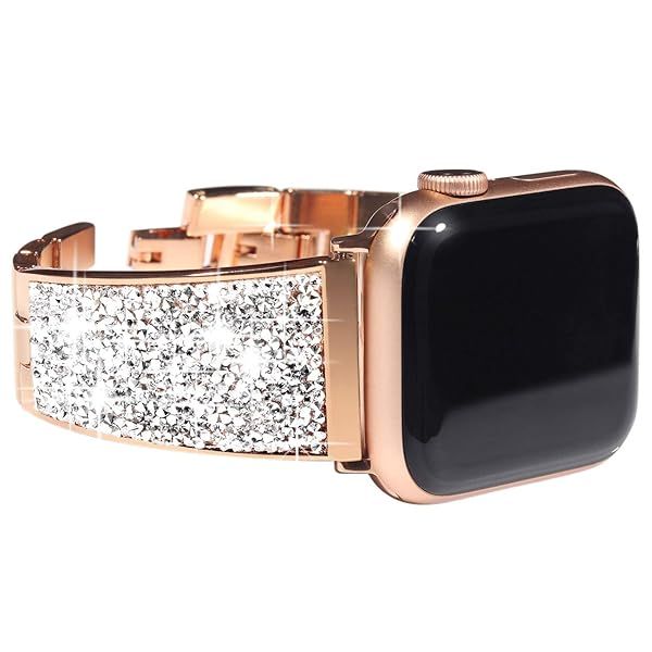NewWays Rose Gold Bling Crystal Apple Watch Band for Series 8, 7, 6, 5, 4, 3 - 45mm & 44mm Compatible Women's Bracelet