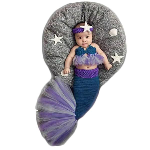 Adorable Newborn Mermaid Photography Props: Crochet Headband, Bra & Tail Set for Girls - Perfect for Monthly Baby Photos!