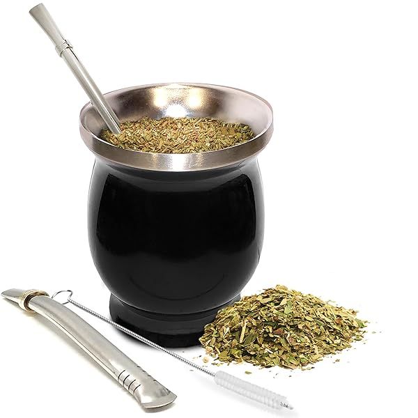 Norte Yerba Mate Gourd Set: Traditional 8oz Cup, 2 Bombillas & Cleaning Brush - Stainless Steel, Double-Walled