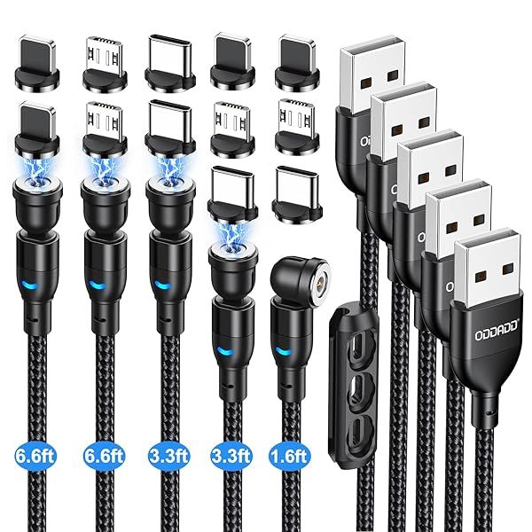 ODDADD Magnetic Charging Cable 5-Pack with 540 Degree Rotation and LED Light for Micro USB USB C and iProduct Devices