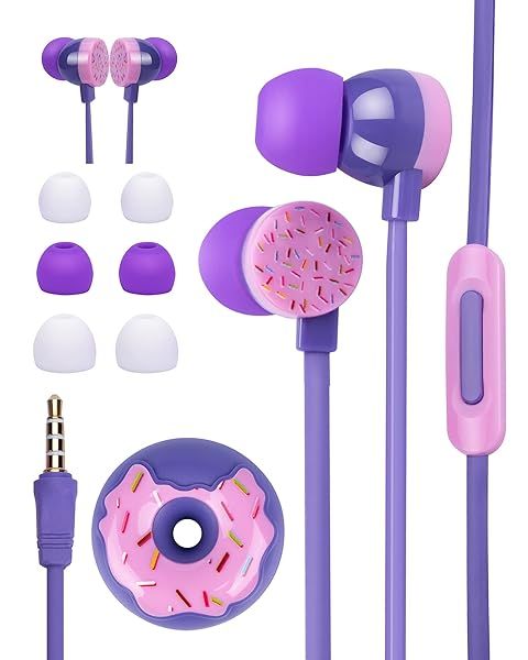 OHEDMEH Cute Donut Wired Earbuds for Kids - In-Ear Headphones with Microphone & Storage Case (Purple) - Perfect for School & Play