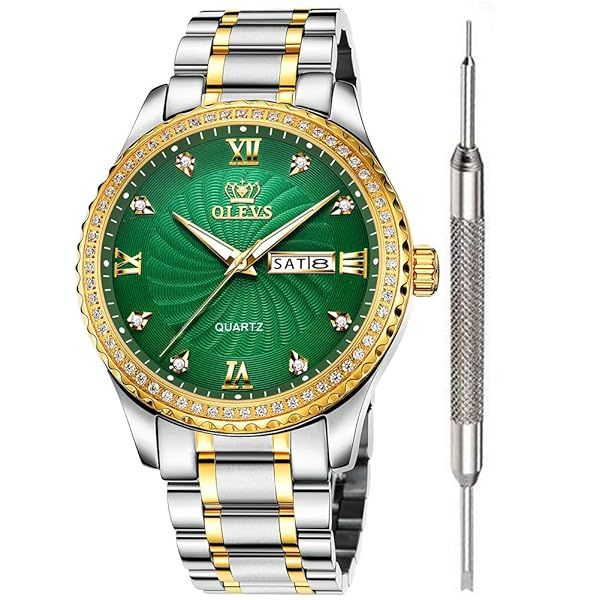 OLEVS Mens Green Dial Diamond Watch Waterproof Classic Casual Analog Quartz Stainless Steel Wrist Watch for Men
