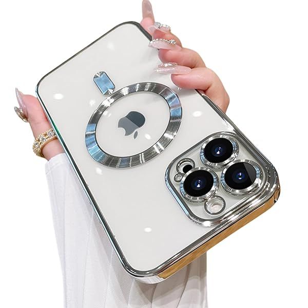 OOK Magnetic Case for iPhone 14 Pro Max with Camera Lens Protector Compatible with MagSafe Soft TPU Anti-Scratch Shockproof Slim Clear Case Silver