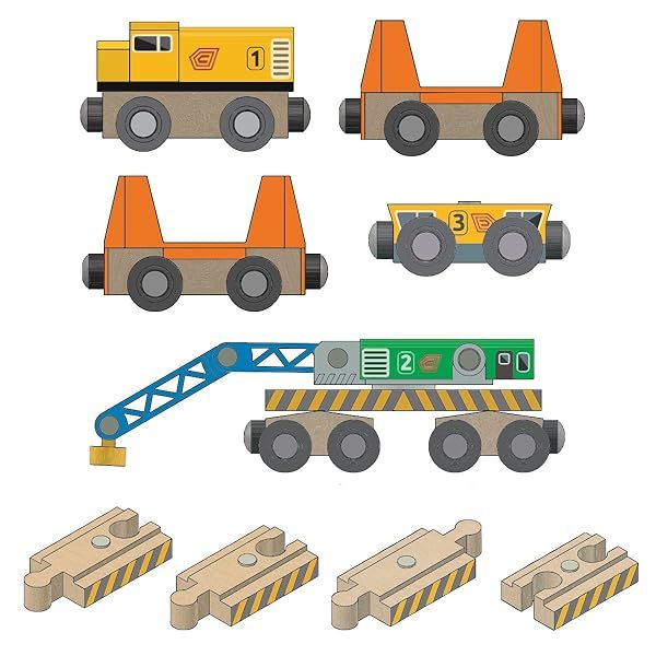 ORBRIUM Wooden Railway Work Trains Track Maintenance Crew Set with Crane and Engines Compatible with Thomas and BRIO