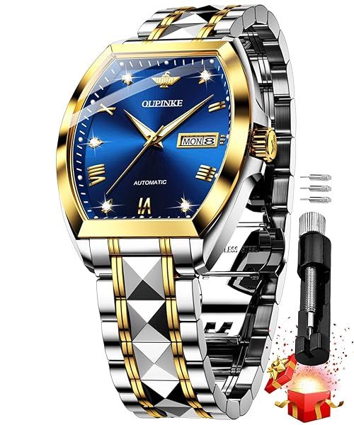 OUPINKE Mens Luxury Automatic Diamond Wrist Watch Self Winding Waterproof Tonneau Design for Business and Dress Occasions