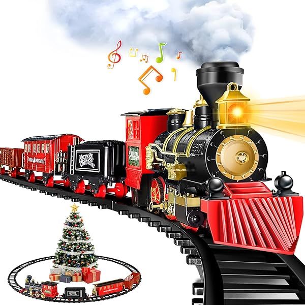 OleFun Electric Train Set with Water Steam Sounds and Lights Model Christmas Train for Kids Ages 3 to 8 Perfect Under the Tree Gift