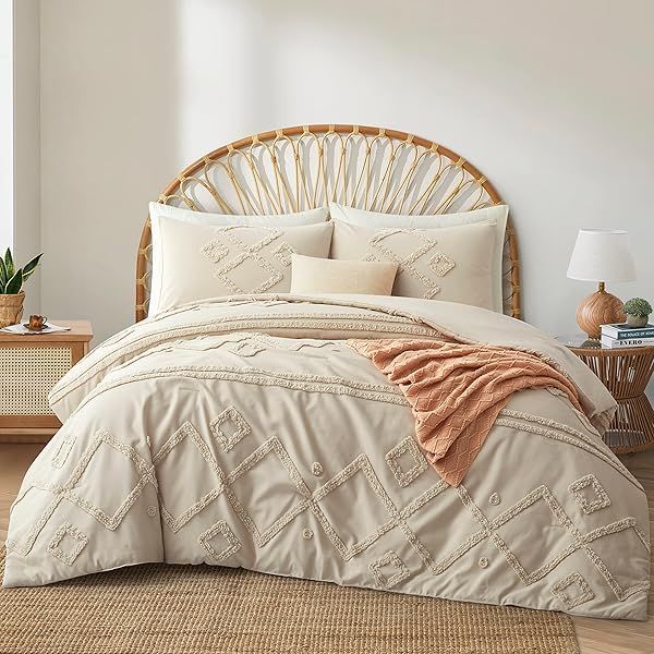 Oli Anderson Cream Queen Comforter Set Tufted Jacquard Bedding 3 Pieces Boho Shabby Chic with 2 Pillowcases for Elegant Bedroom Decor