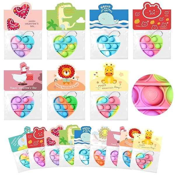 Oroalbb Valentines Day Gifts for Kids 36 Pack Heart Pop Fidget Keychain Toys with Cards for Classroom Exchange Party Favors