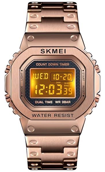 PASOY Men's Waterproof Digital Watch - Rose Gold Stainless Steel, Dual Time, Alarm & Stopwatch
