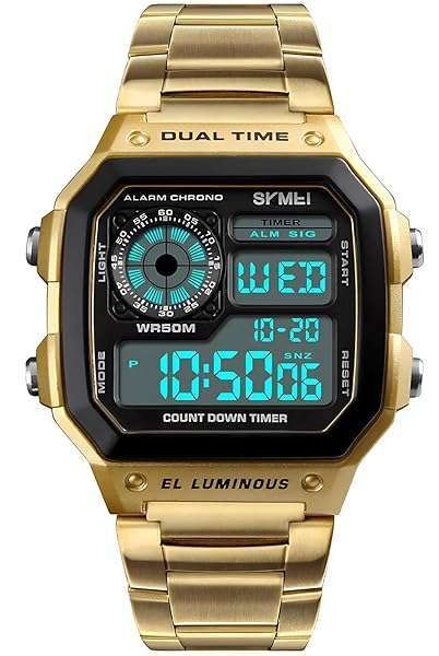 PASOY Men's Gold Digital Watch: Waterproof Stainless Steel Sports Watch with Alarm & Stopwatch