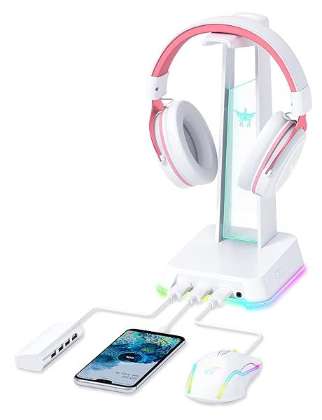 PHNIXGAM RGB Headphone Stand with 3.5mm AUX & USB Hub - Universal Gaming Headset Holder for Gamers (White)