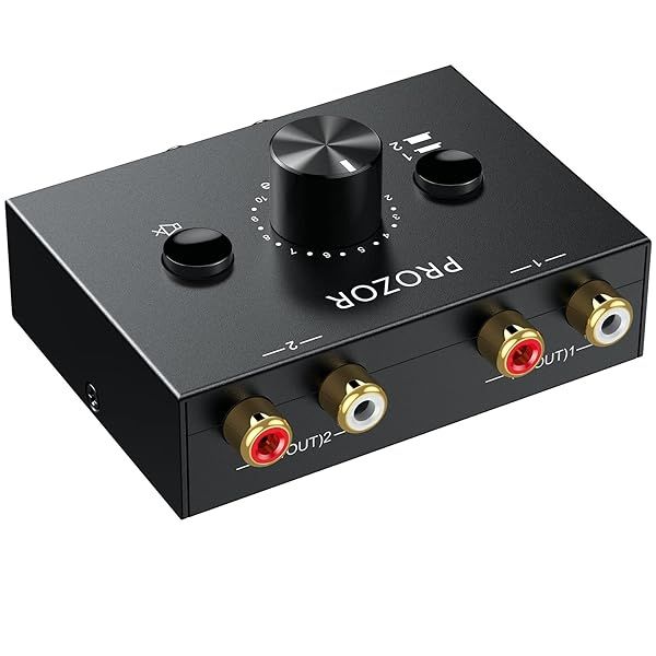 PROZOR RCA Stereo Audio Switcher: 2-in-1 R/L Splitter with Mute Button - No Power Needed!