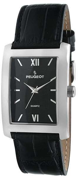 Peugeot Men's Classic Dress Watch: Rectangular Roman Numeral Dial & Leather Strap