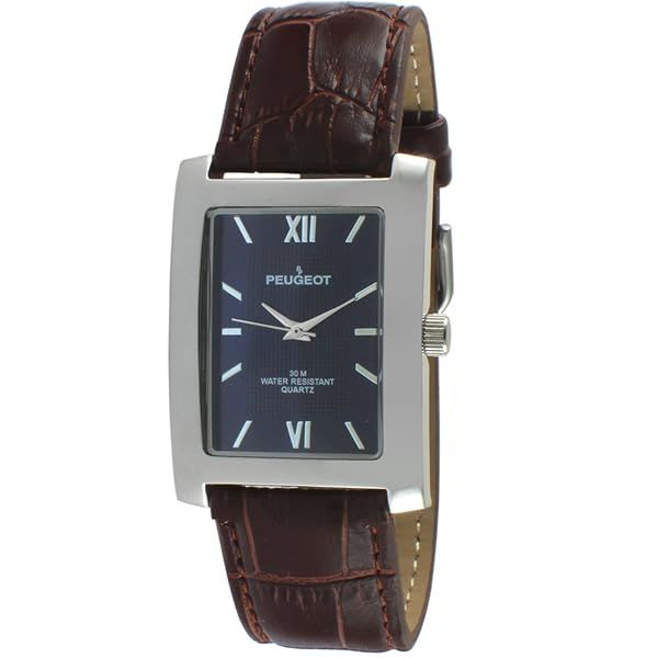 Peugeot Men&#039;s Rectangular Textured Roman Numeral Dial Classic Dress Wrist Watch with Leather Strap Band