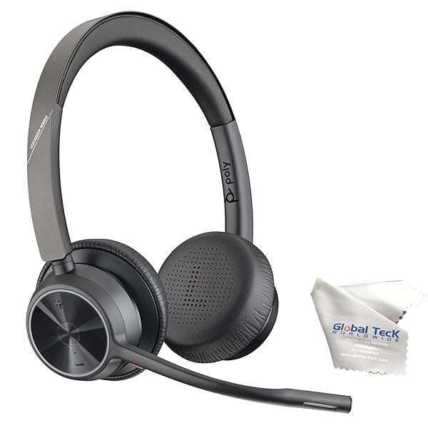 Poly Voyager 4320 UC Wireless Bluetooth Headphones Bundle - USB Adapter & Microfiber Cloth for PC, Mac & Cellphones