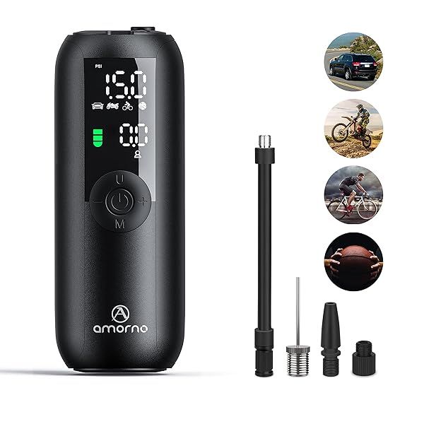 AMORNO Mini Air Compressor: 150 PSI Electric Tire Pump for Cars, Bikes & Inflatables with LCD Screen & LED Lights