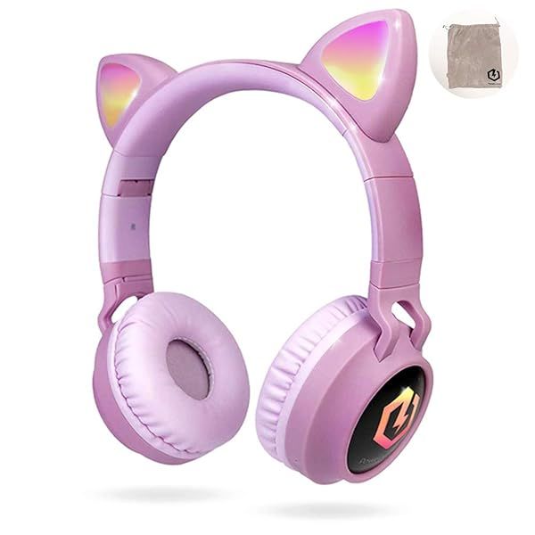 PowerLocus Kids Cat Ear Headphones: Safe Bluetooth 5.3, LED Lights, Micro SD, Perfect for iPad & Travel (Pink)