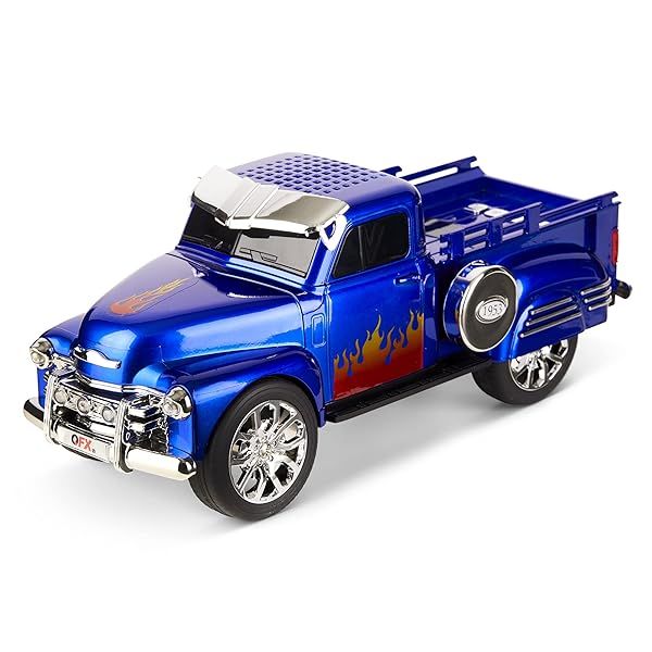 QFX Bluetooth 1953 Hot Rod Pickup Truck Speaker: 3-Inch, FM Radio, LED Lights & Hands-Free Mic - BT-1953 BL