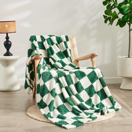 Qeils Forest Green Checkered Microfiber Throw Blanket Super Soft Lightweight for Couch Sofa Chair Bed Camping 50 x 60 Inches