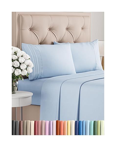 Queen Size 4 Piece Sheet Set Comfy Breathable Cooling Bed Sheets Hotel Luxury Bedding Deep Pockets Easy Fit Super Soft Wrinkle Free Sky Blue