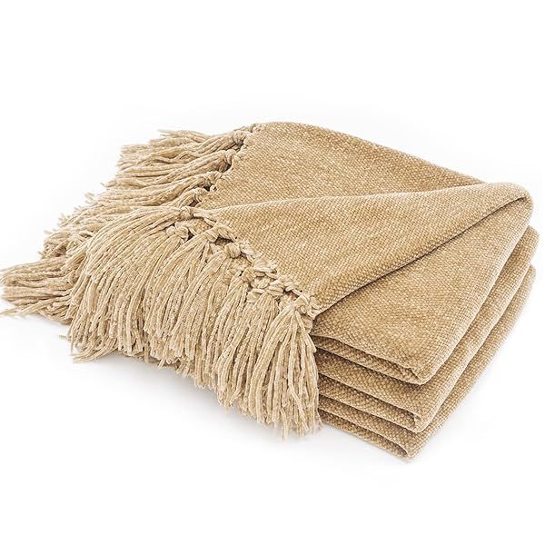 Recyco Soft Cozy Chenille Throw Blanket with Fringe Tassel for Couch Sofa Chair Bed Living Room Gift Beige 60 x 80